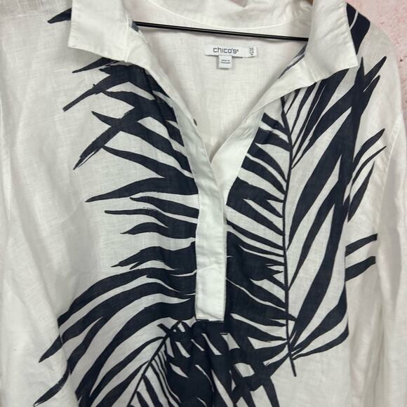 CHICO'S  artsy coastal 100% linen top size 3.5 XL white black resort palm leaf - Picture 2 of 5